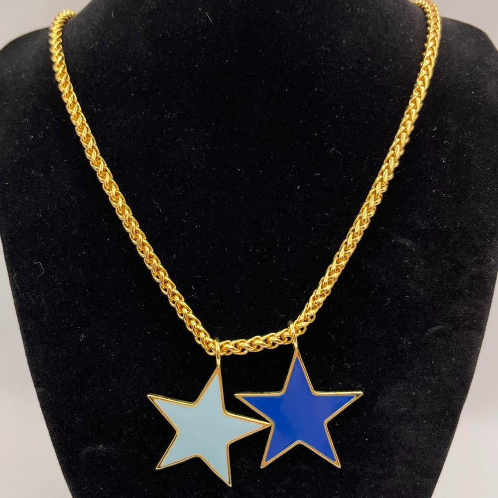 Gold Necklace with Blue and Light Blue Star Pendants